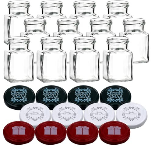 gouveo 12er Set Einmachgläser 150 ml mit Schraubverschluss Weihnachten Set 1 - Eckige Gläser mit farbigen Motiv-Deckel - Schraubglas für Weihnachten