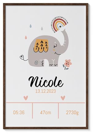 Minimalistisches Geburtsposter personalisiert mit Geburtsdaten und Namen, DIN A4 Poster, Geschenk zur Geburt für Eltern Mama und Papa, Baby, Taufe - ohne Rahmen (Elephant)