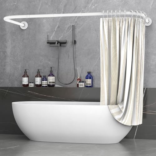 Misounda Asta per Tenda da Doccia a forma di U/L 75×(150-190)×75 cm, Bastone Doccia Angolare per Vasca da Bagno, Senza Supporto a Soffitto, inclusi 24 Anelli Acciaio Inossidabile, Bianco