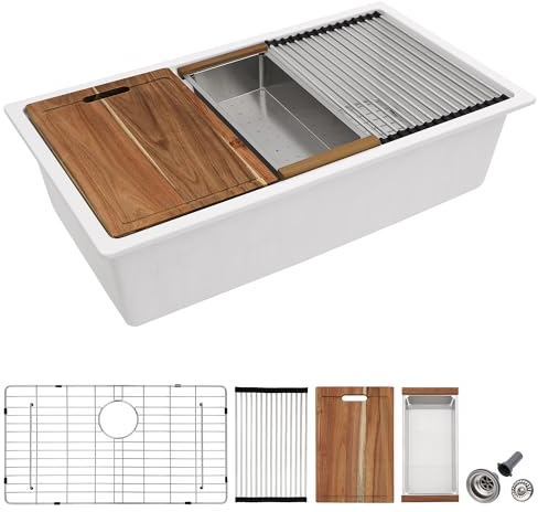 Fulorni - Fregadero de cocina compuesto de granito, 30 x 19 pulgadas, estación de trabajo de granito, bajo encimera, de cuarzo blanco, clásico, bajo encimera, lavabo individual
