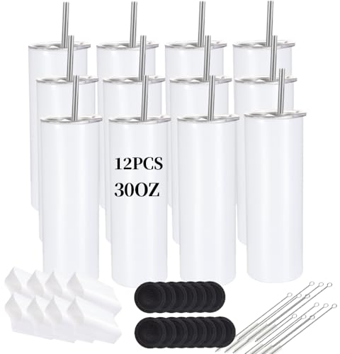 YOUKE OLA 12 Pack Sublimation Tumblers Bulk 30oz - Blank Straight Skinny Tumbler Stainless Steel Insulated Sublimation Tumblers Polymer Coating for Heat Transfer with Straws, Lids, White, 12PCS30OZ