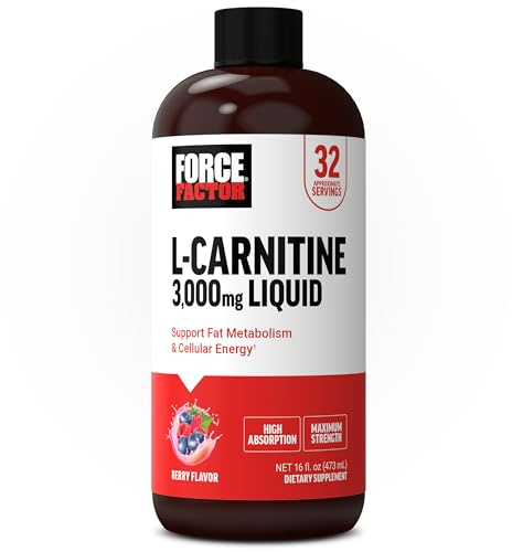 Force Factor L-Carnitine Liquid 3000mg, Maximum Strength Supplement to Support Fat Metabolism, Cellular Energy & Muscle Recovery, High Absorbing, Non-GMO, Berry Flavor, 16 oz Bottle
