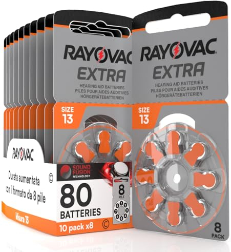 80 Hearing Aid Batteries Size 13 Rayovac Extra PR48 (Orange) - 10 Blisters of 8 Batteries