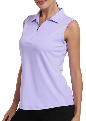 MoFiz Womens Golf Polo Shirts Sleeveless Gym Tennis Golf Top Summer Breathable Casual Work Sports T-Shirt with 1/4 Zip Light Purple Size US M