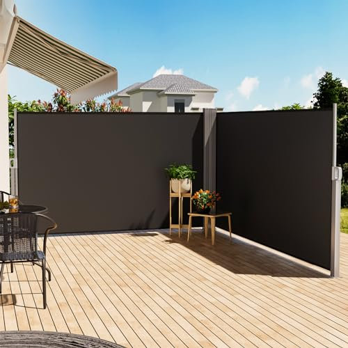 The Fellie Retractable Side Awning 8M, Double Pull-Out Side Privacy Garden Screening, Sun And Rain Protector Outdoor Screen Fence Panels For Patio, Pool, Terrace Balcony Divider, Dark Grey, 8 X 1.8M