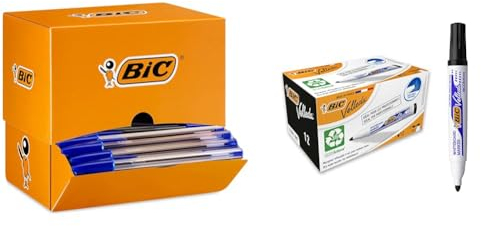 BIC Cristal Original - Bolígrafos de punta media (1.0 mm), Caja de 150 unidades, Azul & Velleda Marking Rotuladores para pizarra blanca, Óptimo para material escolar y de oficina