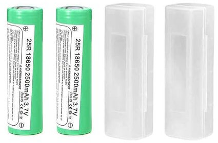 Baterías de Litio Pilas Recargables 2500mAh - 20A - 3.7v | Parte Superior Plana - Positivo Plano | - Linternas, mandos, videoportero con 2 Fundas Protectoras plásticas (2 Celdas 18650 Flat Top)