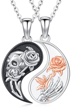 OHAYOO Yin Yang Halskette 925 Sterling Silber Yin Yang Anhänger Kette Partnerketten für Sie und Ihn Yin Yang Schmuck Geschenke für Damen Herren Couple (Totenkopf und Rose)
