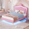 Letto Imbottito Letto per Bambini Letto Singolo 90x200, Letto a Corona per Principessa Letto per Ragazze Struttura del Letto con Testiera LED Regolabile e Rete a Doghe, PU, Senza Materasso, Rosa