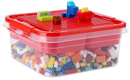 OGANAZI Plastic Building Block Bricks Storage Box Containers with Sorting Tray and Building Plate Lid for Interlocking Building Accessories, Lego Box Lego Storage, Lego Head Storage, 24*24*11cm, Red
