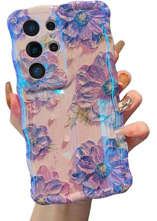 XIZYO Bunte Retro-Ölgemälde Blume Hülle für Samsung Galaxy S24 Ultra, Lockige Wellen Laser Glänzend Niedliche Floral Ästhetische Handyhülle, Mädchen Schlanke Weiche TPU Schutzhülle, Lila