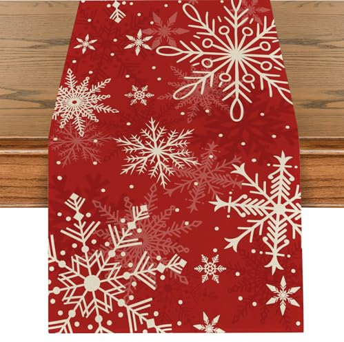 Tarklanda Weihnachten Schneeflocken Tischläufer, Rot Xmas Tischläufer Winterlich, Saisonnal Waschbar Küche Esstisch Tisch Dekoration für Drinnen und Draußen Urlaub Party Wohnzimmer 40x140 cm