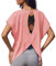 Weardear Sportshirt Damen Kurzarm Funktionsshirt Rückenfreies Laufshirt Loose Fit Sport Tshirt Atmungsaktiv Kurzarmshirt Gym Yoga Workout Fitness Oberteil Lang Sommer Rosa XL