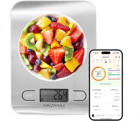 Fitdays - Bilancia alimentare con calcolatrice nutrizionale, bilancia digitale da cucina per dimagrire, bilancia intelligente per alimenti con app per cucinare calorie, grammi e once, bianco, 5 kg