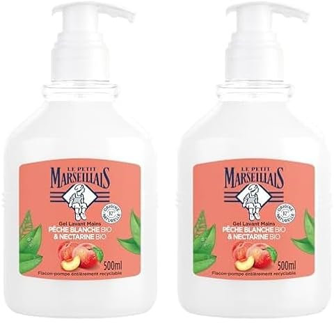 Le Petit Marseillais - Gel Lavant Mains Pêche Blanche BIO & Nectarine BIO (flacon-pompe de 500 ml) – Savon liquide avec 92% d'ingrédients d'origine naturelle – pH neutre pour la peau (Lot de 2)