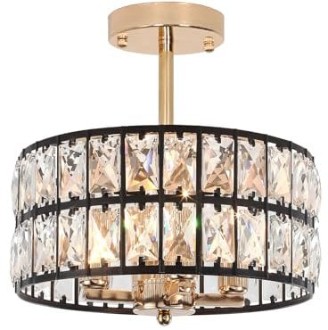 JHLBYL 4-Light Black and Gold Ceiling Light with Crystal Shades and E14 Dimmable Socket, Industrical Crystal Chandelier for Dining Room, Living Room, Bedroom