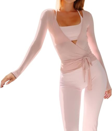 ORANDESIGNE Femme Cache Coeur Danse Classique Crop Top Y2K Hauts Sport de Danse Fitness Haut à Lacets Veste Sport Cardigan A Rose L