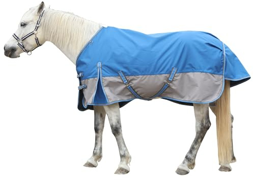 Gallopoff 1200D Coperta per cavalli resistente allo strappo senza imbottitura (0g), Coperta da esterno leggera, impermeabile e traspirante per cavalli, Blu-Grigio 145 cm