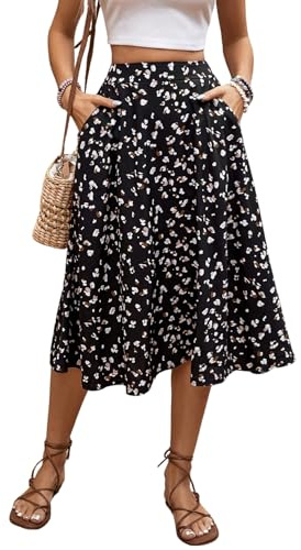 GORGLITTER Damen Rock Blümchenmuster Sommerrock mit Taschen Midi Röcke Boho Midirock Sommer Hohe Taille Freizeitrock Casual Blumenrock Schwarz S