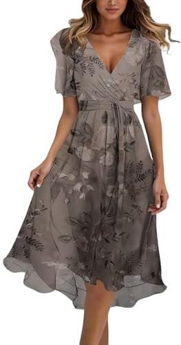Damen Elegant Blumenkleid Kurzarm V-Ausschnitt Maxikleid A-Linie Sommerkleid