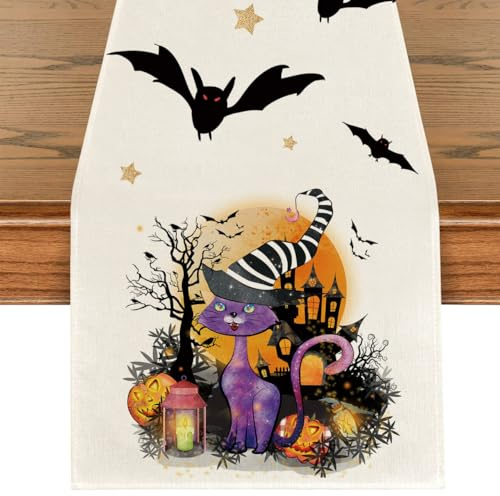 Halloween Deko Tischläufer, Kürbis Fledermaus Tischdecke Gruseliges Horror Decoration für Wohnzimmer Esszimmer Kamin, Halloween Party, Horror-Party, 40 x 240cm
