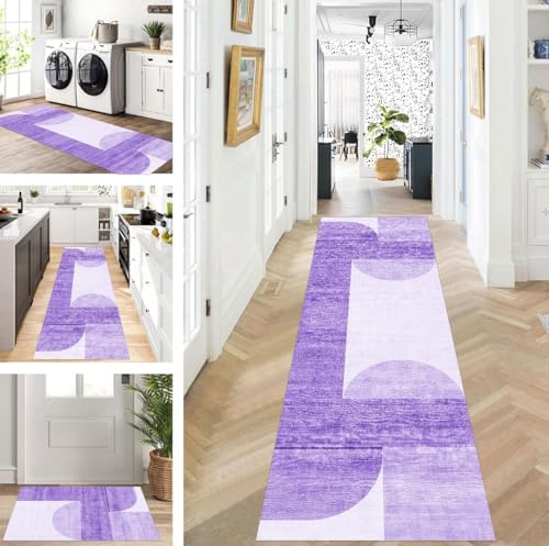 ZUZEKU Teppich Läufer Lang Flur Küche rutschfest waschbar Teppichmatten Modern Design Küchenläufer Violett 120X300cm Küchenteppich Meterware Esszimmer Schlafzimmer Wohnzimmer Schmutzfangmatte
