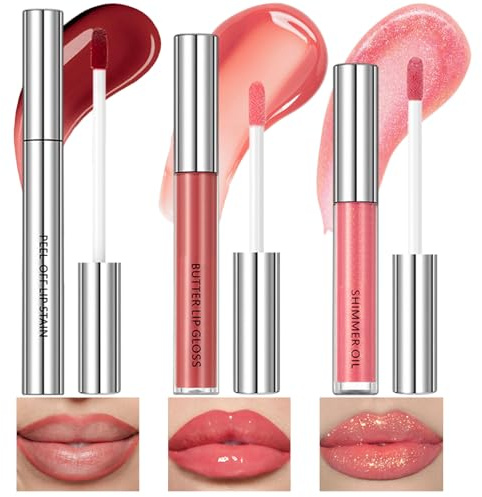 Jutqut 3 Stück Lip Gloss Set, Peel Off Lip Stain, Matt Wasserfest Lippenstift, Hydrating Lippen Gloss Set Makeup, Plumping Finish, Glitzer Shiny Lip Glow Oil Mit Glänzender für mädchen, 01