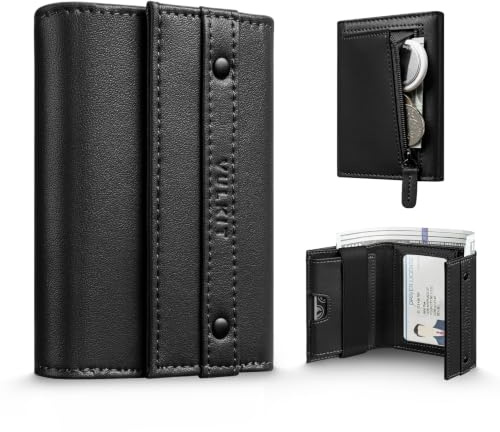 VULKIT Portefeuille Compact en Cuir pour Homme avec Blocage RFID à Trois Volets avec Poche Zippée pour Pièces de Monnaie, Fenêtre d'Identité et Porte-Cartes de Visite, Noir