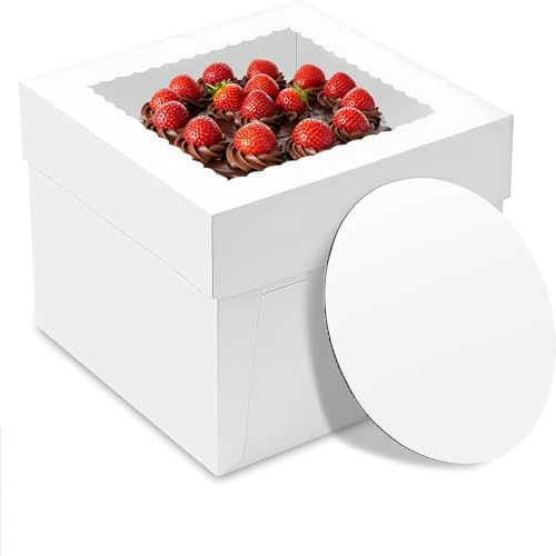 DEMOCRATIDO 10 Stück Tortenbox Tortenkarton Hoch 30x30x20cm,Kuchenbox,Tortentransportbox,weiße Tortenschachtel mit Fenster und 10 Kuchenrunde Bretter, Kuchenkarton für Torten