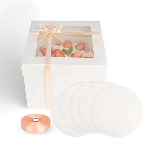 5 Pièces Boite a Gateau, avec Fenêtre et 5 Planches Rondes, 25x25cm Boite Gateau en Carton, Boite Layer Cake avec Ruban, Blanc Boite Transport Gateau Carrée avec Couvercles