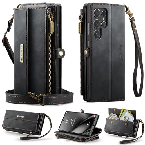Phone Case for iPhone 12 mini, Matte Leather Wallet Cover with Zipper Detachable Wrist Strap and Shoulder Strap