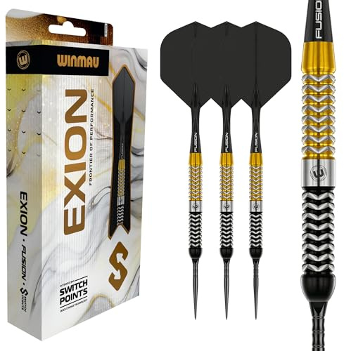 WINMAU Exion Dartpfeile – 90% Wolfram Profi-Darts | Dartpfeile Profi Set mit Switch Point Technologie | Onyx & Gold Parallelläufe | 2 austauschbare Spitzen | Fusion Kurzschäfte & Flights | 22g/23g/24g