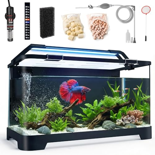 Selbstreinigendes Aquarium-Starter-Set für Betta, kleine Fische und Garnelen, Betta-Fischbecken mit Heizung, Thermometerstreifen, LED-Licht, verstecktem Filtersystem und Wasserwechsel-Set