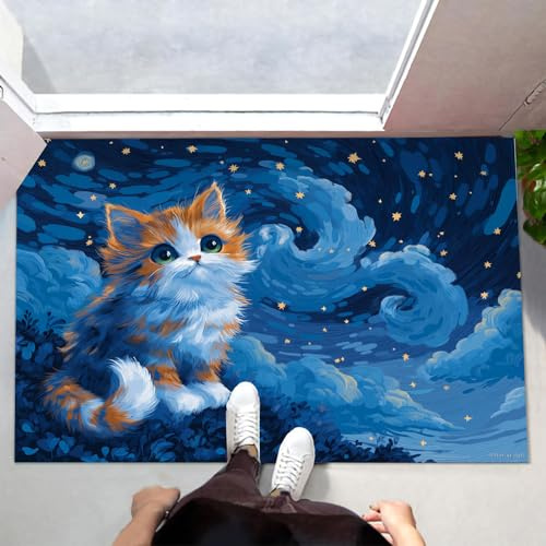 Fußmatte 60x120 cm - Magischer Sternenhimmel Schmutzfangmatte für außen & innen Fußabtreter mit Katze Schaut Himmel Hinauf Muster rutschfeste Türmatte für Haustür, Eingangsbereich, Garten, Dunkelblau