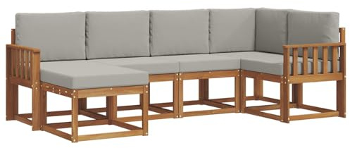 vidaXL Outdoor-Sofagarnitur mit Kissen 6 pcs Natürlich und Hellgrau, Outdoor-Sofa-Set, Moderne Terrassenlounge, langlebige Gartenmöbel, modular, Terrassensitzmöbel