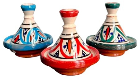 Lot de 3 mini tajines marocaines colorées en céramique artisanale – Porte épices de table H 8,5 cm Ø 7,5 cm, idéal pour cuisine, apéritifs et mise en place orientale ACE