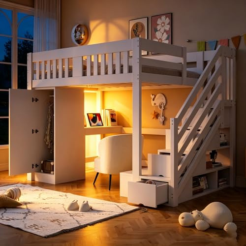 Wyibwy Cama de madera 140 × 200 cm, escalera con almacenamiento, escritorio con enchufe, tira LED, armario individual, banco con almacenamiento, barra alta, cama alta, cama para niños, blanco