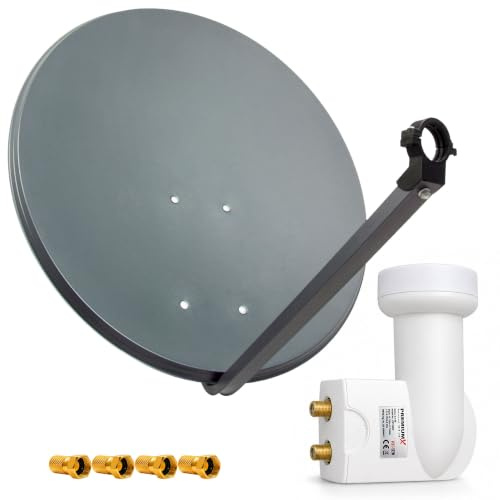 PremiumX Satelliten-Komplettanlage 80cm Satellitenschüssel Anthrazit TV Satellitenantenne SAT Twin LNB 4X F-Stecker 2 Teilnehmer