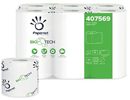 Papernet Bio Tech - Toilettenpapier (407569s), 1 Packung mit 12 Rollen aus selbstauflösendem Toilettenpapier, bekämpft auf natürliche Weise krankheitserregende Bakterien, 2 Lagen, 250 Blatt
