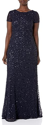 Adrianna Papell Women's Short Sleeve All Over Sequin Gown, Navy, 14