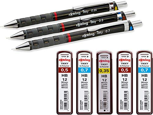 rOtring Tikky Druckbleistift (Black Barrel, 3-teiliges Set HB 0.7/0.5/0.35) + 12 Minen 0.35 | 24 Minen 0.5 | 24 Minen 0.7