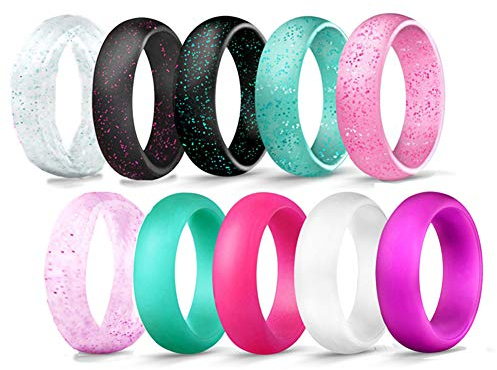 JewelryWe Schmuck 10 PCS Silikon Ehering für Männer und Frauen, 5.7mm Gummi Hochzeit Bands Gummibänder Ring für Sport Outdoor Fitness, 10 Farben mit Glitzer Set, Größe 54