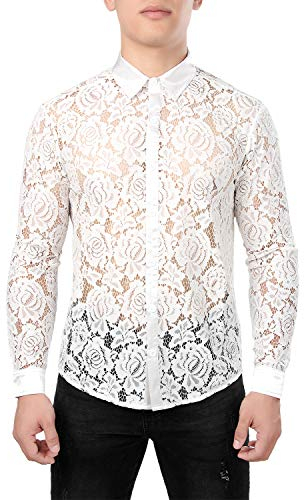 JOGAL Chemise à manches longues en dentelle florale transparente pour homme, Rose blanche., S