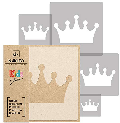 NAKLEO Schablonen Malen für Kinder, 5 Stück Set 9x9 bis 34x34cm Krone Prinzessin Königin, Wiederverwendbare Kunstoff Kinderzimmer Malvorlage Raumdekoration, Basteln DIY Wand Möbel Papier