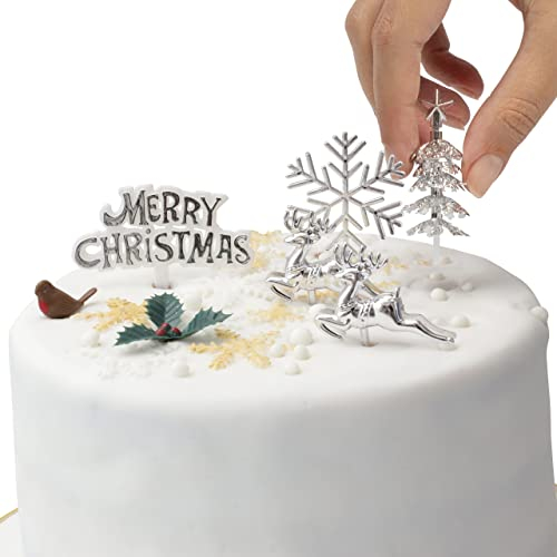 Evelay Cake Toppers Merry Christmas Cake Decoration 7pc silver gold Pieces Cupcake Toppers ylog Multi Purpose Decoration (7pc Silver)