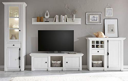 Wohnwand Hooge Landhausstil in Pinie weiß Landhaus Schrankwand Anbauwand Wohnzimmerschrank 4-teilig (1x Kommode, 1 x Wandboard, 1 xTV-Lowboard, 1 x Vitrine) 340 x 207 cm
