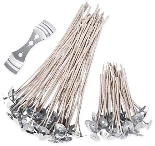 Candle Wicks,SMALUCK 100 Pcs Organic Soy Pre Waxed Cotton Candle Wick 20cm and 10 cm Long with 1Pc Stainless Wick Holder Sustainer for Candle Making(8&4)