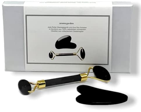 Black Jade Roller & Gua Sha Scraping Facial Tools Geschenkset, natürliche schwarze Obsidian Stein Herzform Guasha, Hals Augen Gesichtsmassage Gesicht Anti-Aging Anti-Falten