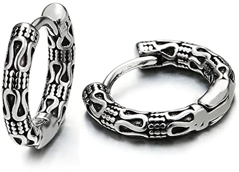 Herren Damen Edelstahl Vintage Schlangenhaut-Muster Huggie Aufklappbare Creolen Ohrringe mit Tribal Tätowierung Muster