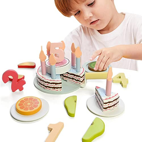 VENTDOUCE Geburtstagsparty Kuchen Spielset - Spielzeug-Geburtstagstorte für Mädchen | Geburtstagsfeier-Kuchen-Spielset für Kinder, Holzspielzeug zum Spielen von Lebensmitteln, Kuchenspielzeug-Set zum
